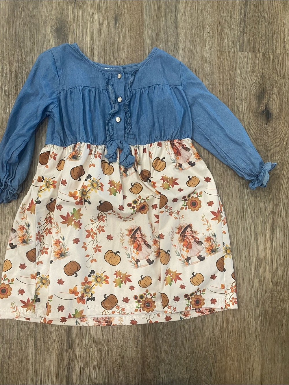 Blue Chambray & Autumn Print Girls' Casual Dress